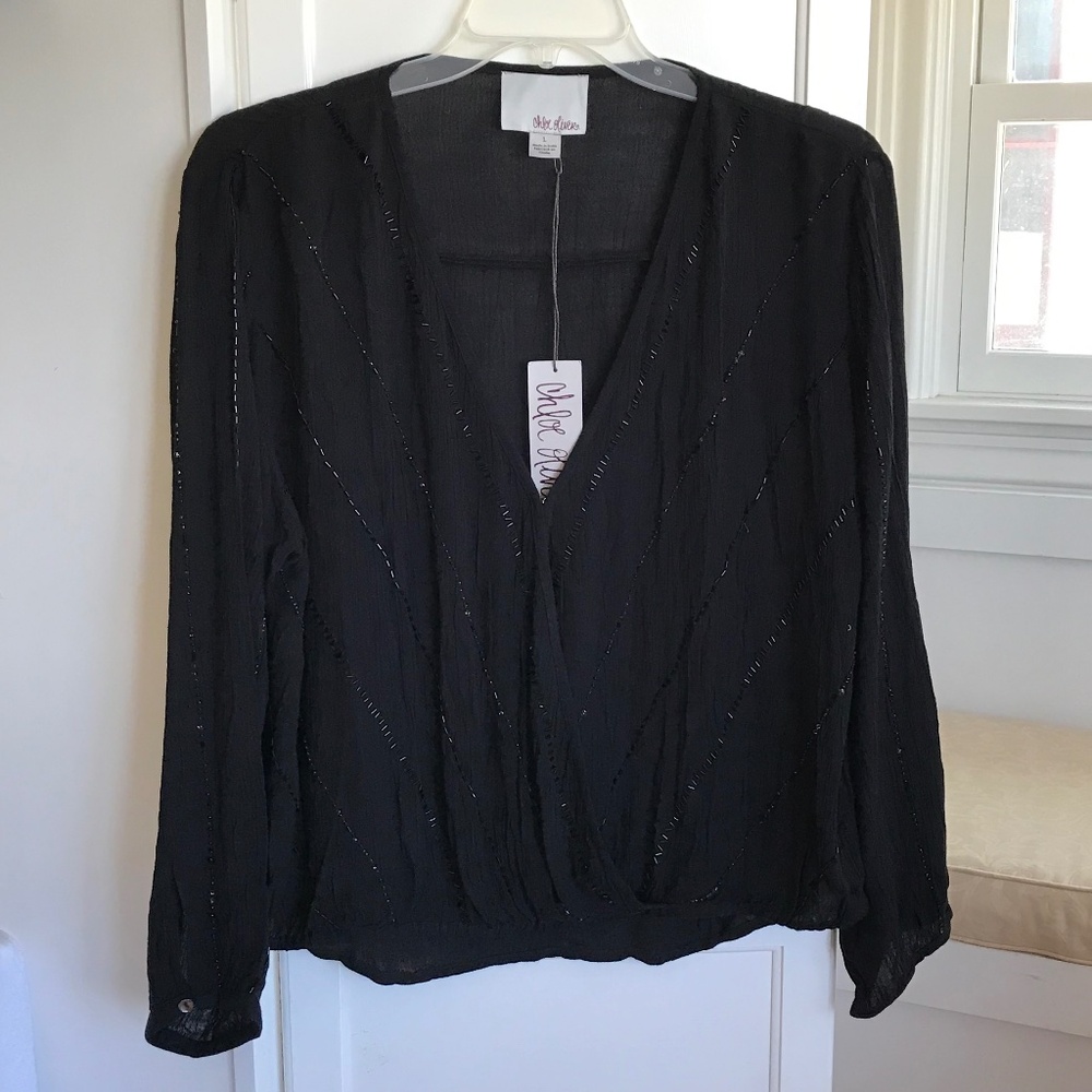 ANTHROPOLOGIE CHLOE OLIVER Boho Black Beaded Blouse Women’s Size Large